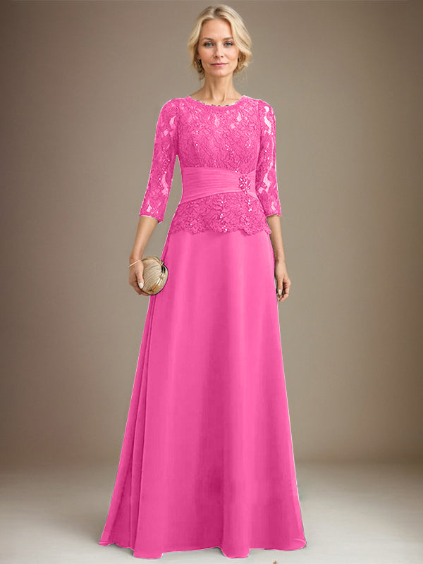 A-Linien Kleid mit Scoop-Ausschnitt, Illusion, bodenlangem Chiffon und Spitze, Mutter-der-Braut-Kleid mit plissierten Pailletten und Perlenbesatz