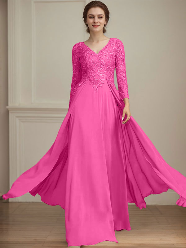 A-Linien V-Ausschnitt Bodenlanges Spitzen-Chiffon Kleid für die Brautmutter mit Pailletten