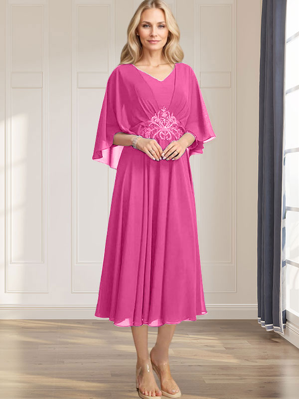 Robe de mère de la mariée en mousseline, longueur thé, col en V, en ligne A, avec appliques plissées, sequins, dentelle et perles