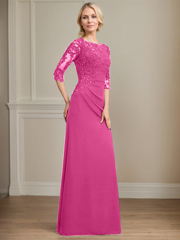 A-Linie Rundhals bodenlanges Chiffon Spitzen Brautmutterkleid mit Perlen Falten Pailletten