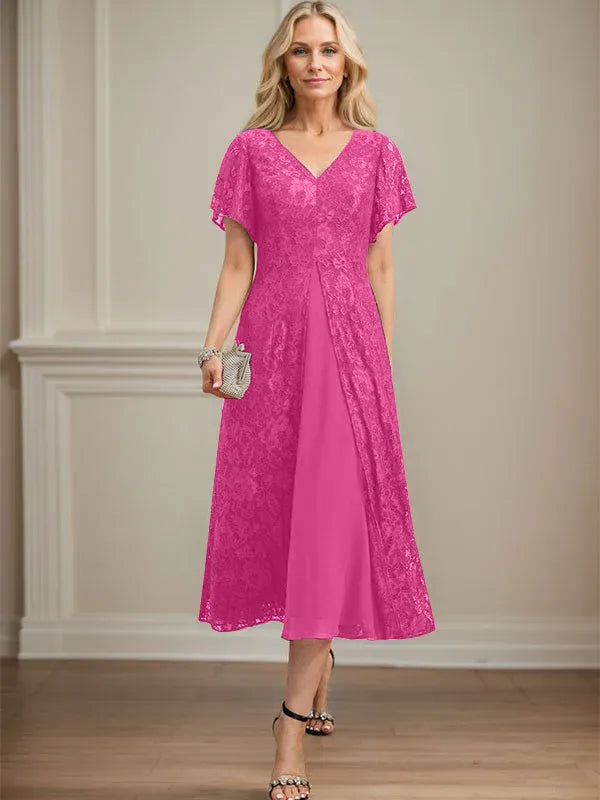 Robe mère de la mariée ligne A en dentelle et mousseline à col en V longueur thé
