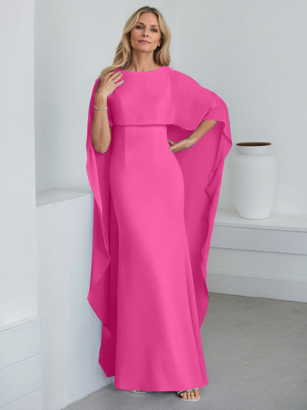 Etui-Kleid mit Rundhalsausschnitt, bodenlang, Chiffon, Mutter-der-Braut-Kleid mit kaskadierenden Rüschen