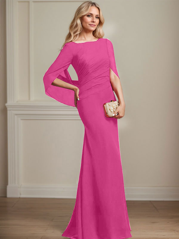 Trompeten-/Meerjungfrauen-Chiffonkleid mit Bootsausschnitt, bodenlang, plissiert, Brautmutterkleid