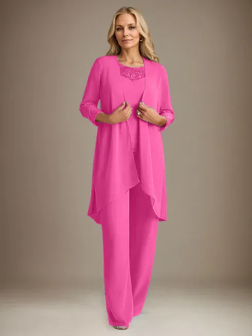 Chiffon Kleid mit Rundhalsausschnitt und langen Ärmeln, Mutter-der-Braut Hosenanzug mit Jacke
