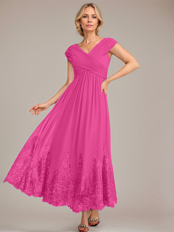 A-Linien V-Ausschnitt Knöchellanges Chiffon Kleid der Brautmutter mit Applikationen und Pailletten