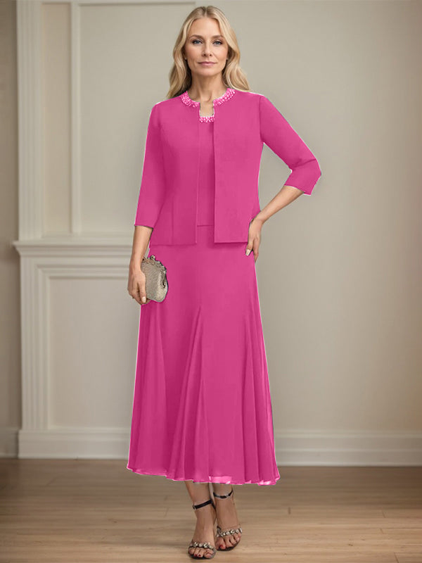 Separates A-Linien Chiffonkleid mit Rundhalsausschnitt, tea-length, Mutter der Braut mit Pailletten und Perlen