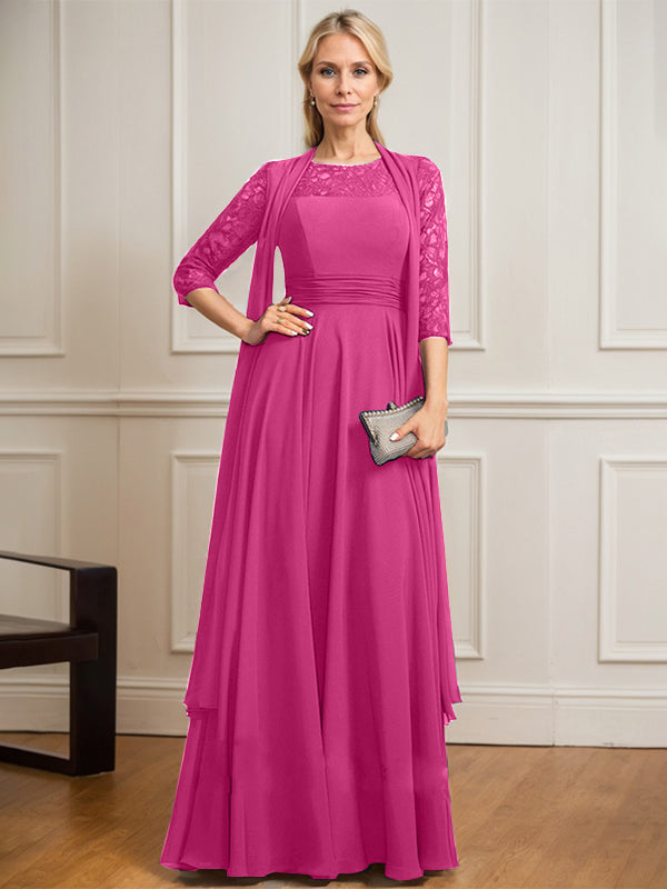A-Linien Kleid mit Rundhalsausschnitt, Illusion, bodenlang aus Spitze und Chiffon, Mutter-der-Braut-Kleid mit Faltenwurf