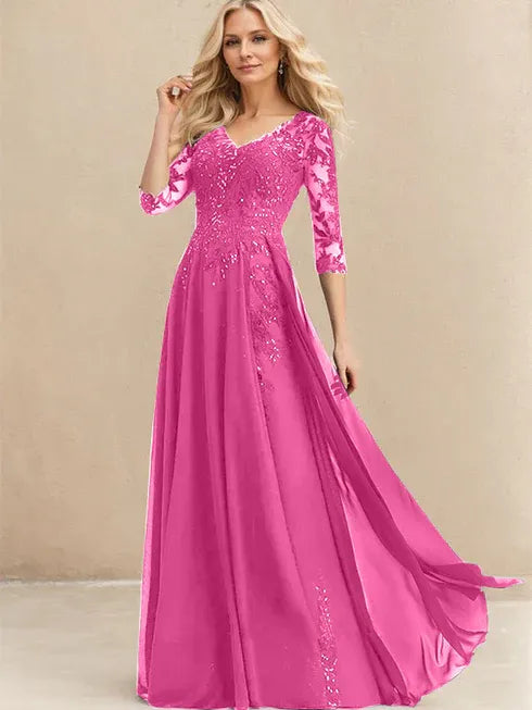 A-Linien V-Ausschnitt Bodenlanges Spitzen-Chiffon Kleid für die Brautmutter mit Pailletten