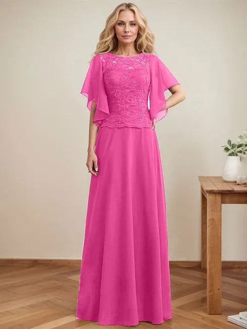 A-Linien Rundhals Illusions-Bodenlanges Spitzen-Chiffon Mutter-der-Braut-Kleid mit Pailletten