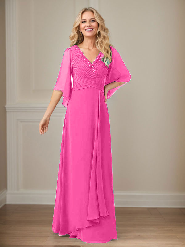A-Linien V-Ausschnitt langes Pailletten-Chiffon Mutterkleid
