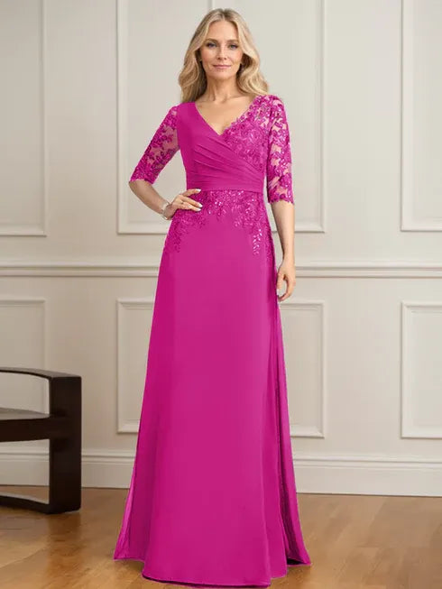 A-Linien V-Ausschnitt bodenlanges Spitzen-Chiffon Kleid der Brautmutter mit plissierten Pailletten