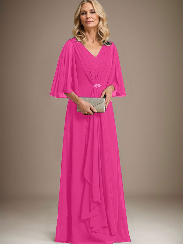 A-Linien V-Ausschnitt Bodenlanges Chiffon Kleid für die Brautmutter mit kaskadierenden Rüschen und Kristallbrosche