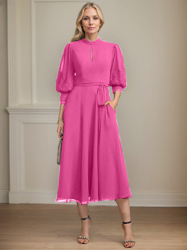 A-Linien Kleid mit hohem Kragen, tea-länge, Spitze und Chiffon, Brautmutterkleid mit Schleife