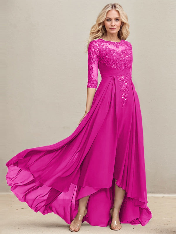 A-Linien Ausschnitt Illusions Asymmetrisches Spitzen-Chiffon Kleid für die Mutter der Braut mit plissierten Pailletten
