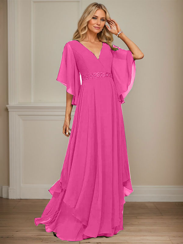 A-Linien V-Ausschnitt bodenlanges Chiffon-Mutter-der-Braut-Kleid mit Pailletten-Applikationen, Spitze und Perlen