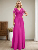 A-Linien V-Ausschnitt Bodenlanges Spitzen-Chiffon Kleid für die Brautmutter mit Pailletten