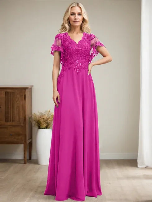 Robe mère de la mariée ligne A col en V longue en dentelle et chiffon avec sequins