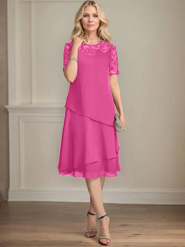A-Linien Rundhals Illusions-Knie-Länge Spitzen-Chiffon Kleid für die Brautmutter mit Pailletten