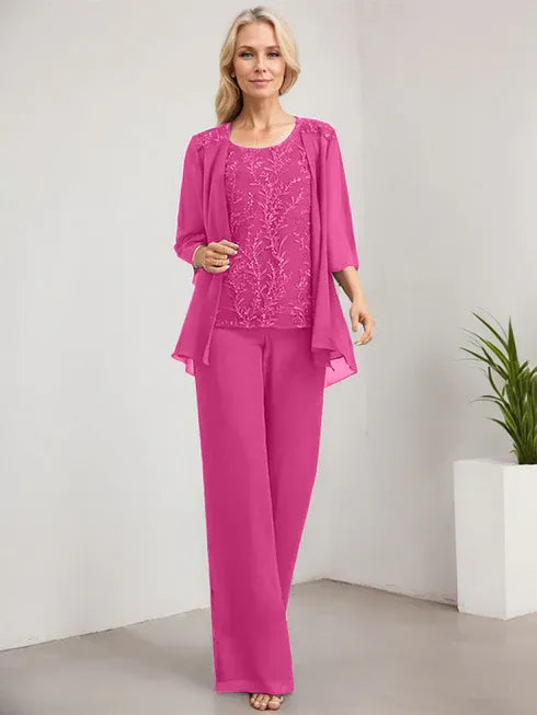 Zweiteiler Jumpsuit/Hosenanzug U-Ausschnitt bodenlanges Spitzen Chiffon Mutter der Braut Kleid mit Pailletten