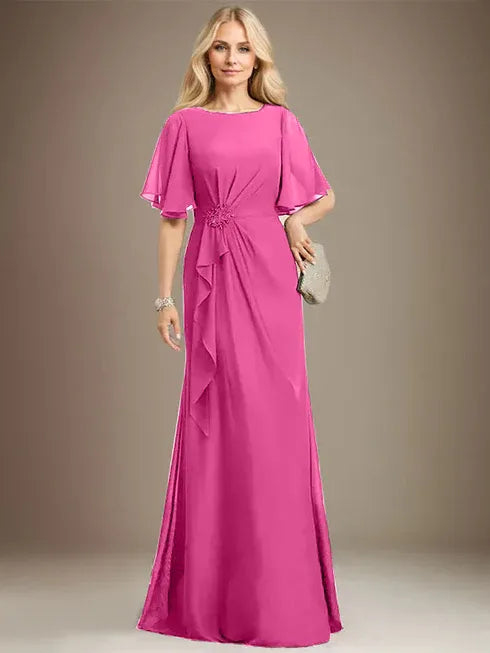 A-Linien Rundhals bodenlanges Chiffon Mutter der Braut Kleid mit kaskadierenden Rüschen Perlen Pailletten