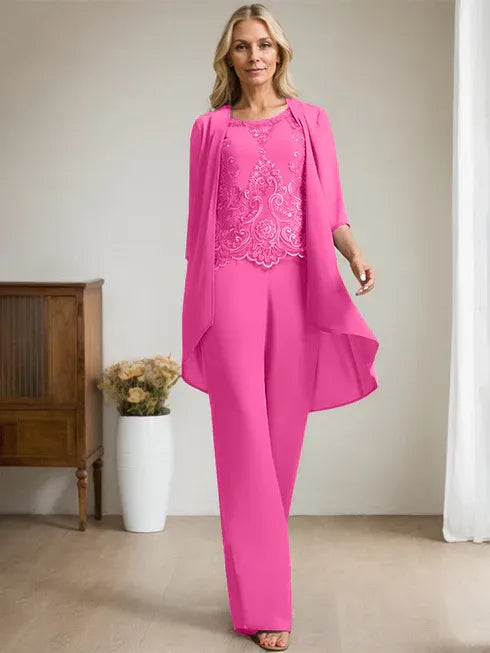 Zweiteiler Jumpsuit/Hosenanzug mit Rundhalsausschnitt, bodenlanges Chiffon-Spitzenkleid für die Mutter der Braut mit Perlen und Pailletten