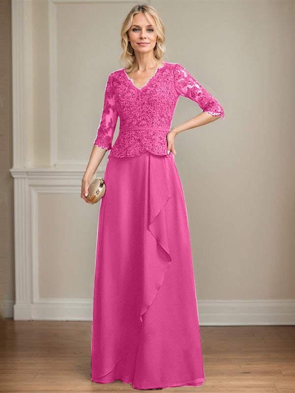 Robe mère de la mariée en dentelle et chiffon, coupe évasée, encolure en V, longue au sol avec volants en cascade et sequins