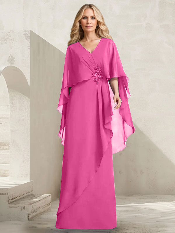 Robe mère de la mariée longue en chiffon coupe trapèze à col en V avec volants en cascade et perles