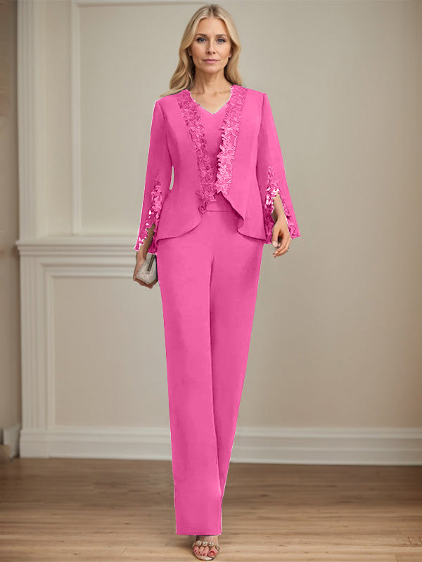 Zweiteiler Jumpsuit/Hosenanzug V-Ausschnitt bodenlanges Chiffon Mutter der Braut Kleid
