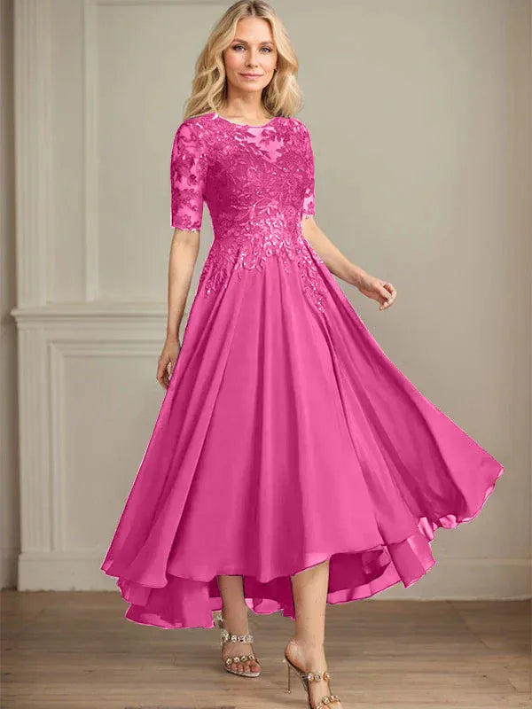 A-Linien Scoop-Ausschnitt Illusion asymmetrisches Chiffon-Spitzen-Mutter-der-Braut-Kleid mit Pailletten