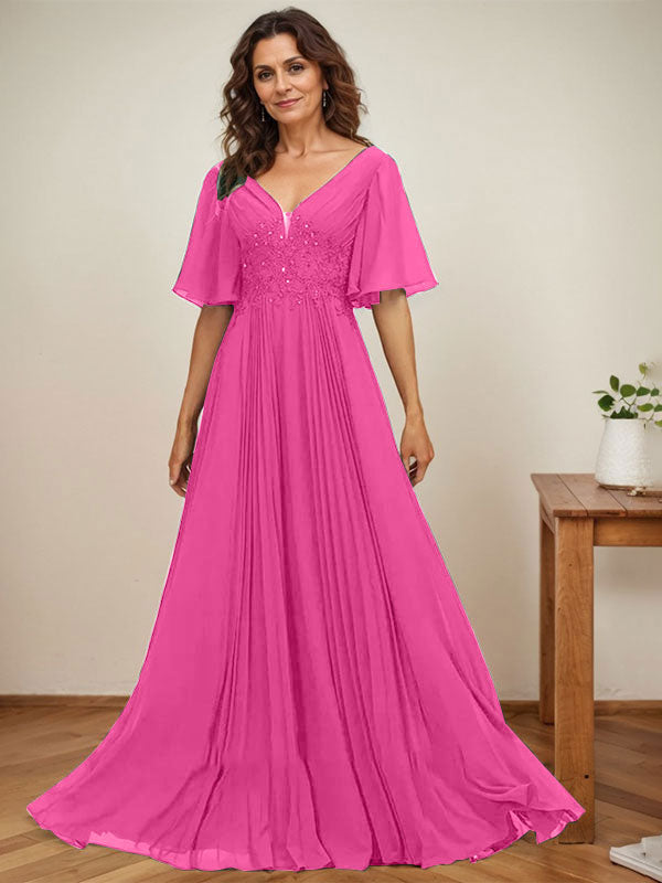 A-Linien V-Ausschnitt bodenlanges Chiffon Mutterkleid der Braut mit Pailletten-Applikationen, Spitze und Falten