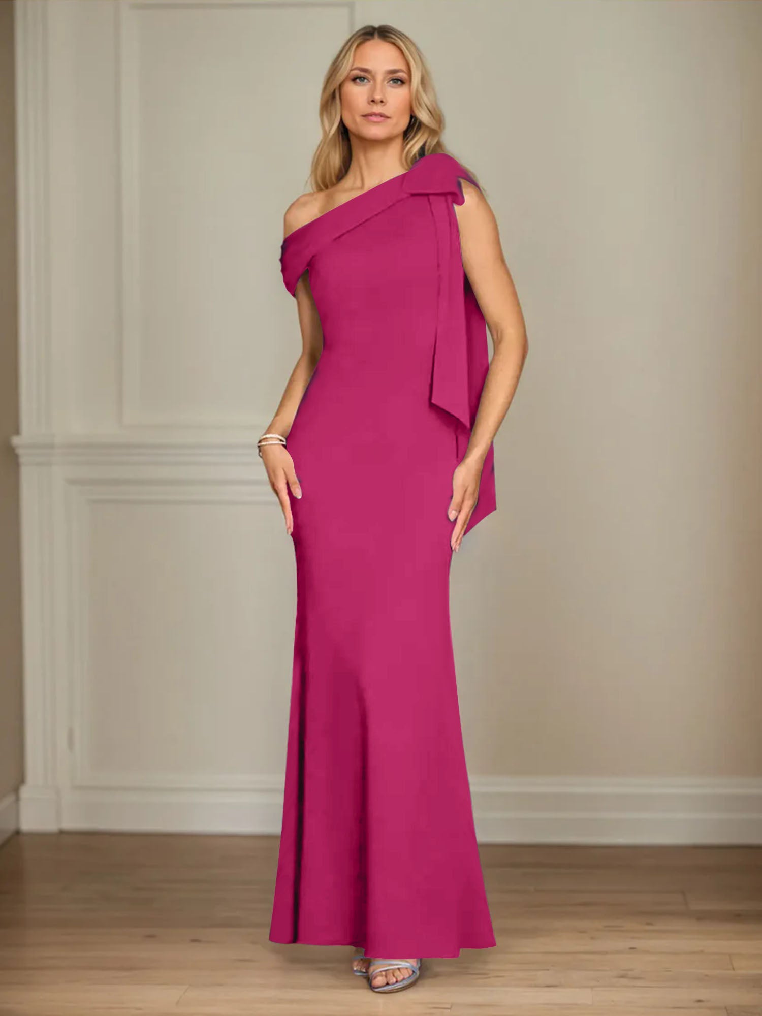 Trumpet/Mermaid Ein-Schulter Ärmelloses Stretch-Crêpe Kleid für die Brautmutter mit Schleife