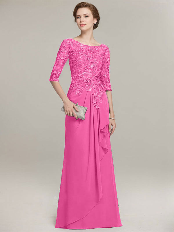 A-Linien Rundhalsausschnitt Illusions bodenlanges Spitzen-Chiffon Mutter der Braut Kleid mit kaskadierenden Rüschen