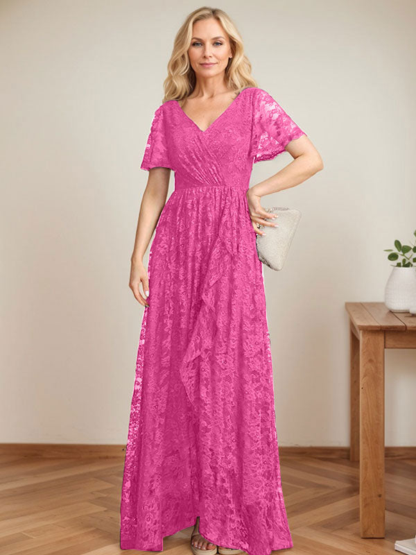 A-Linien Spitzen-Mutter-der-Braut-Kleid mit V-Ausschnitt, asymmetrisch und mit kaskadierenden Rüschen