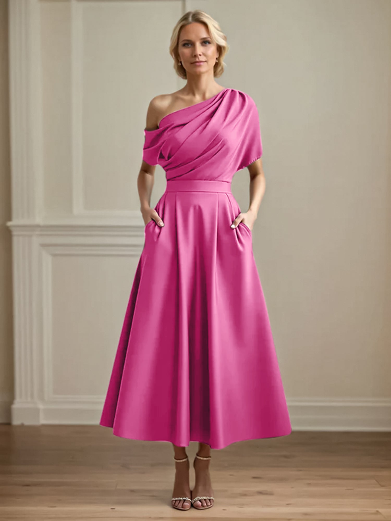 A Line Satin One Shoulder Pleated Ankle Length Mother of the Bride Dress