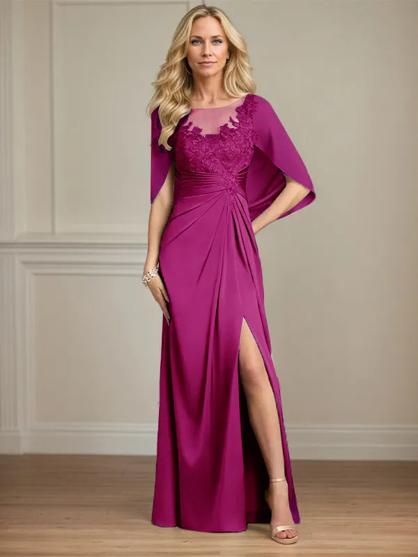 Robe mère de la mariée en satin, coupe fourreau/colonne, encolure dégagée, manches courtes, longueur au sol