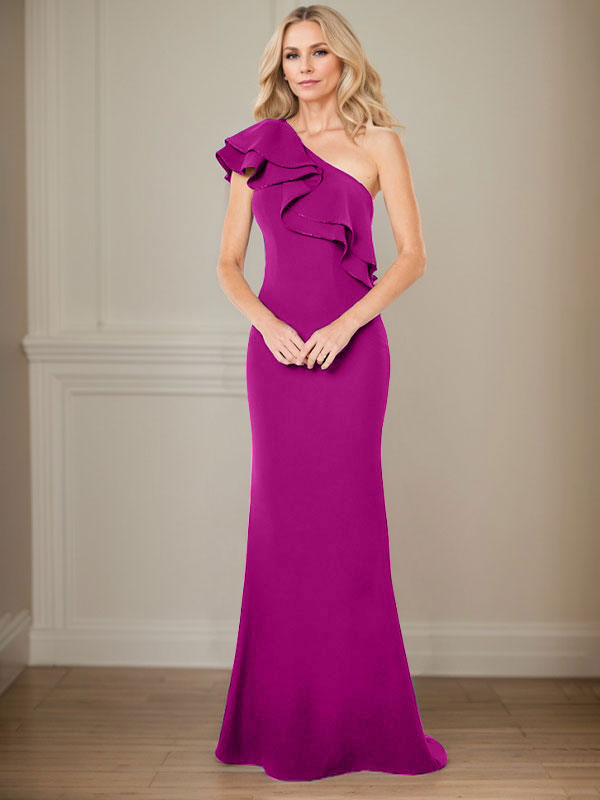 Abito da madre della sposa a linea A in chiffon con una spalla, lunghezza fino a terra e volant