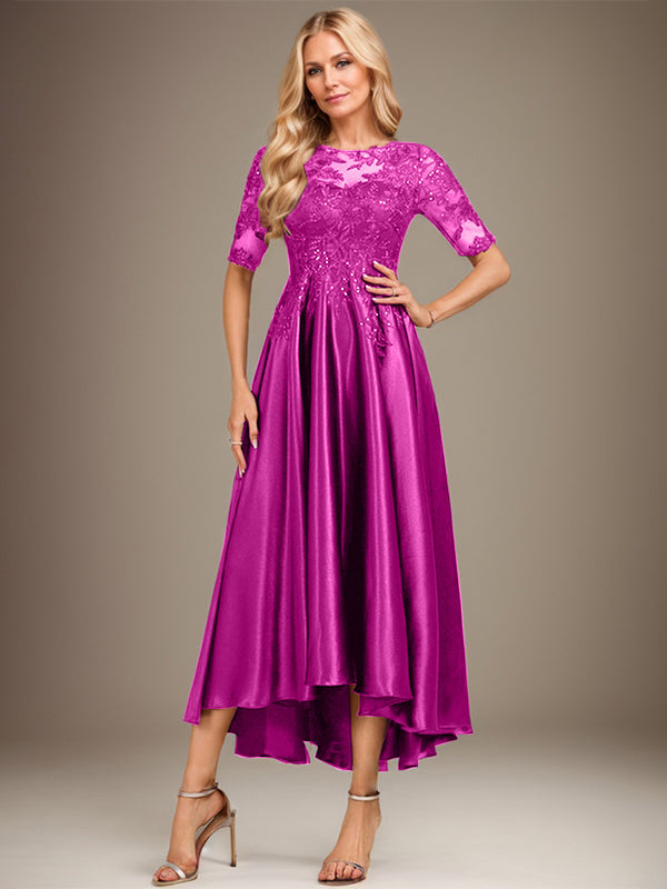 A-Linie Rundhalsausschnitt Illusion Asymmetrisches Stretch-Satin-Spitzen-Brautmutterkleid mit Pailletten