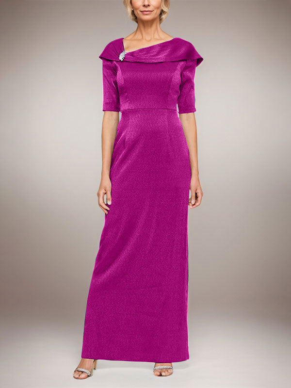 Langes schimmerndes Säulenkleid mit umgeschlagenem Ärmelbündchen, L-Ausschnitt und Ellbogenärmeln