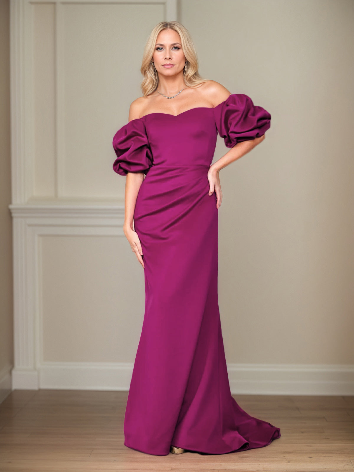 Satin Etuikleid/Säulenkleid mit schulterfreiem Puffärmel, bodenlang, Mutter der Braut Kleid