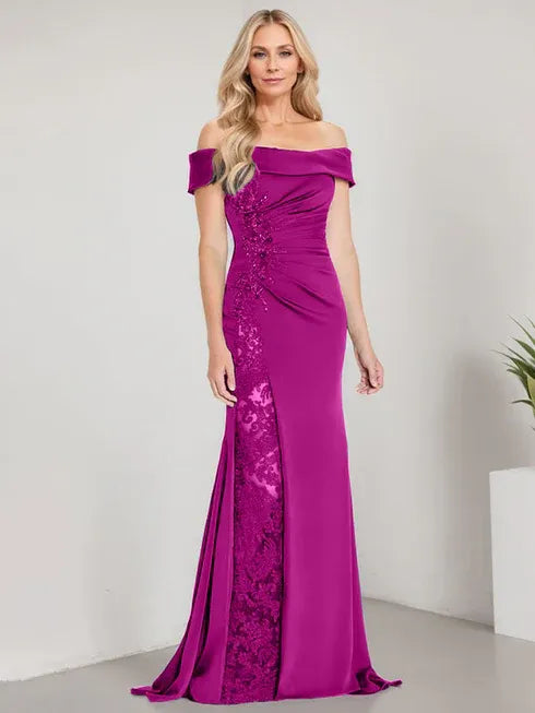 A-Linien Schulterfreies bodenlanges Brautmutterkleid mit Applikationen und Perlenbesatz Meerjungfrauenkleid mit hohem Schlitz