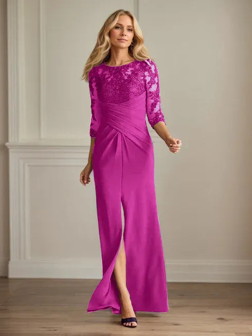 Pflaumenfarbenes eng anliegendes Spitzen Stretch Krepp Kleid für die Brautmutter