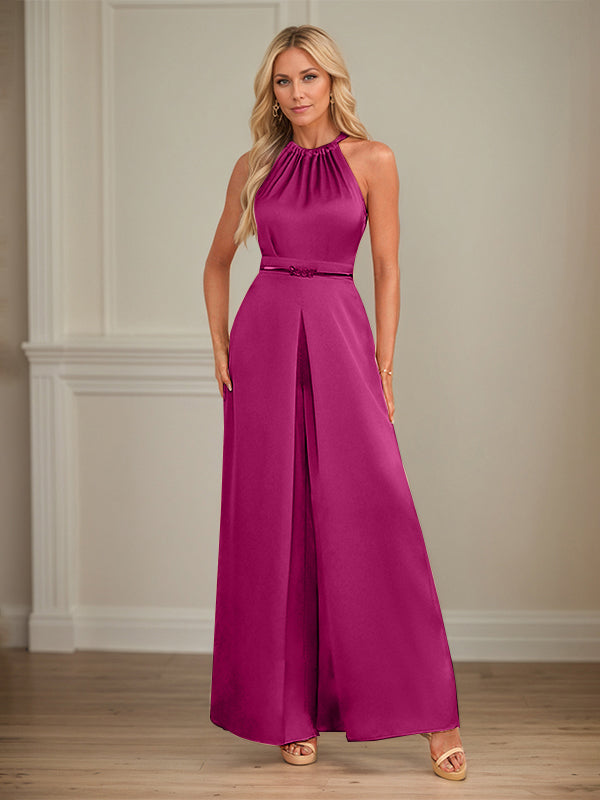 Jumpsuits Neckholder bodenlanges Satin Hochzeitskleid