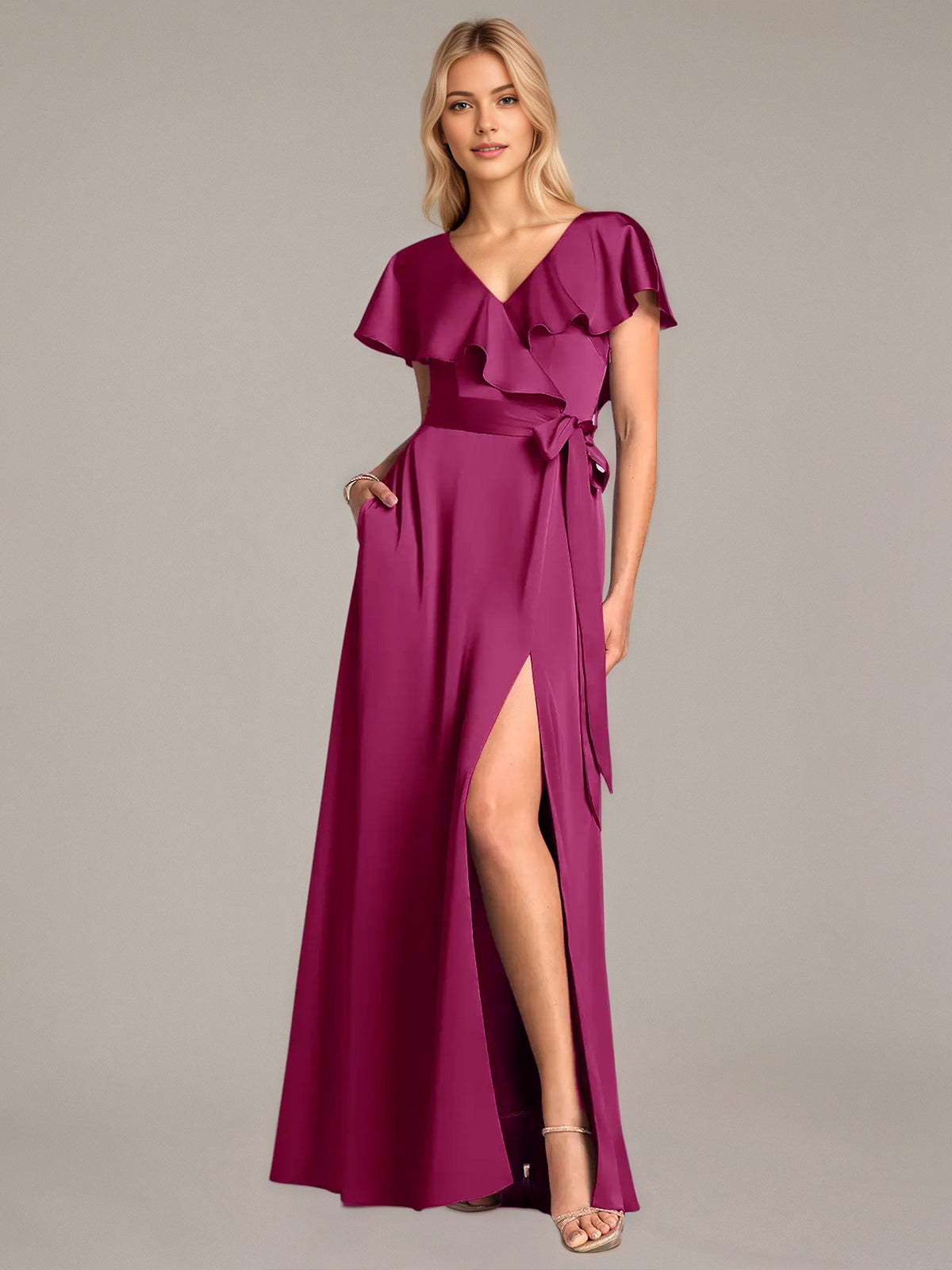 A Line Satin V Neck Short Sleeves Floor Length Dresses With Ruffles