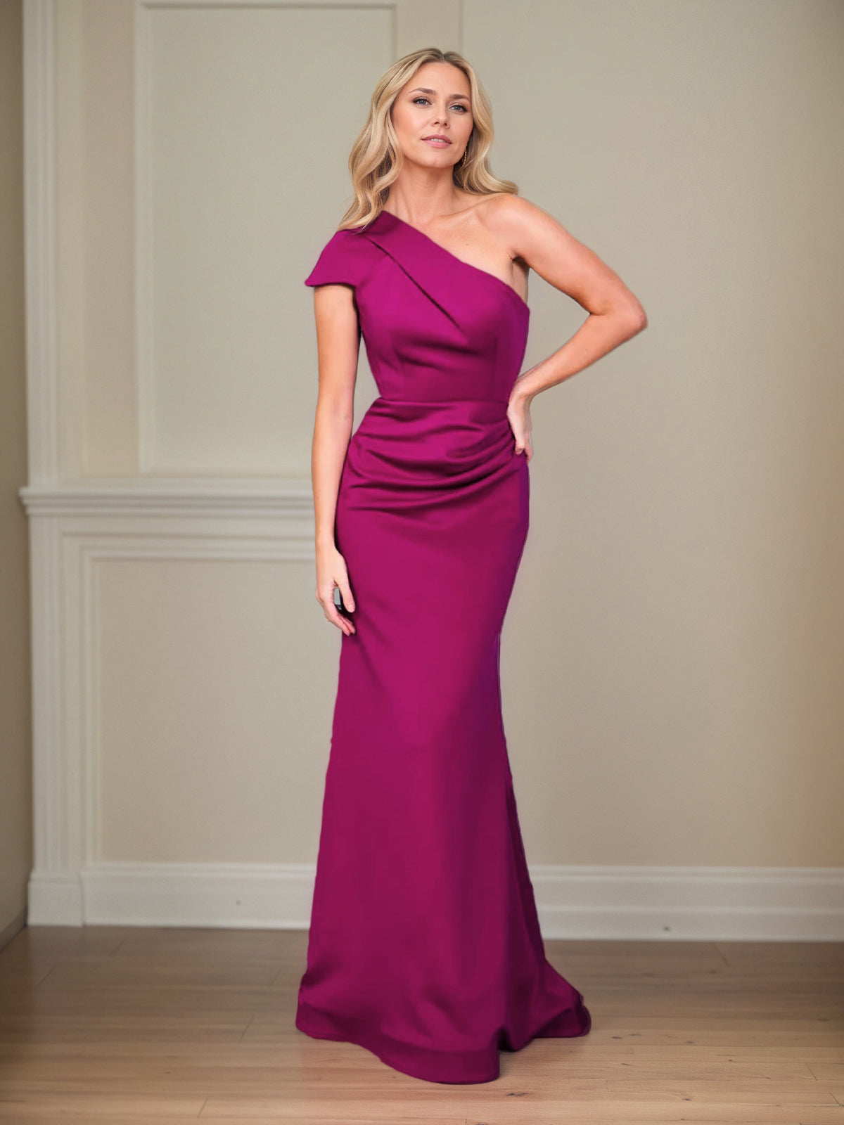 Robes mère de la mariée en satin fourreau/colonne, épaule unique, manches courtes, longueur au sol