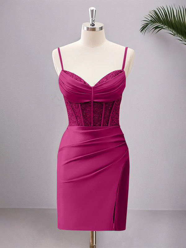 Robe de bal moulante corset en satin à bretelles spaghetti avec fente