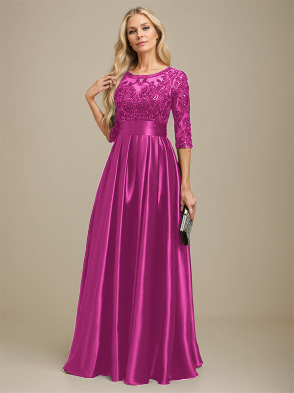 A-Linien Ausschnitt Illusions bodenlanges Stretch-Satin-Spitzenkleid für die Brautmutter mit Schleife und Pailletten