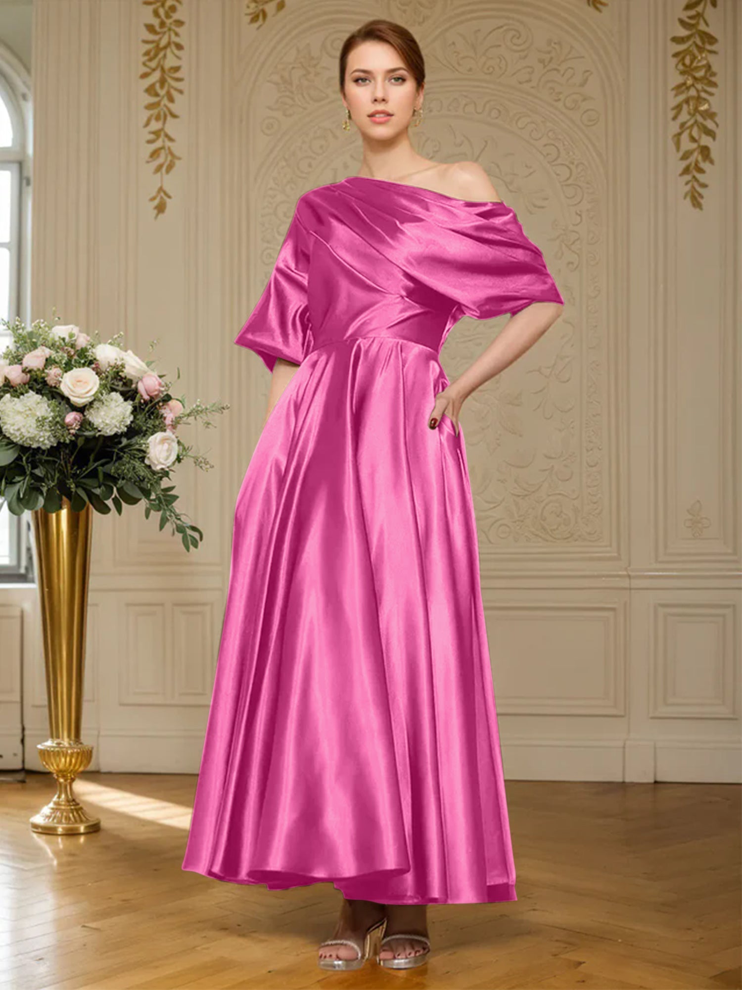 A-Linien Kurzarm plissiertes knöchellanges seidenähnliches Satin Kleid für die Brautmutter