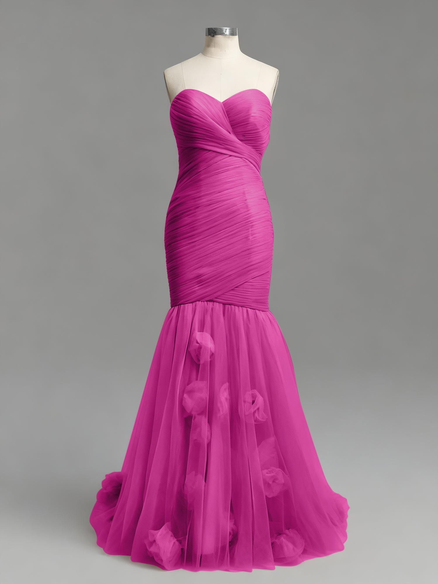 Dusty Rose Mermaid Strapless Ruched Tulle Prom Dress with 3D Floral