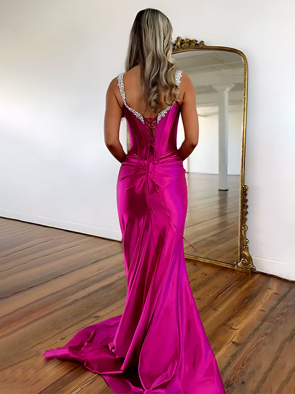 Vestido Longo de Baile Fúcsia Sereia com Alças Bordadas e Amarração nas Costas com Fenda