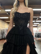 Fuchsia Strapless Tiered Ruffles Corset Prom Dress with Slit